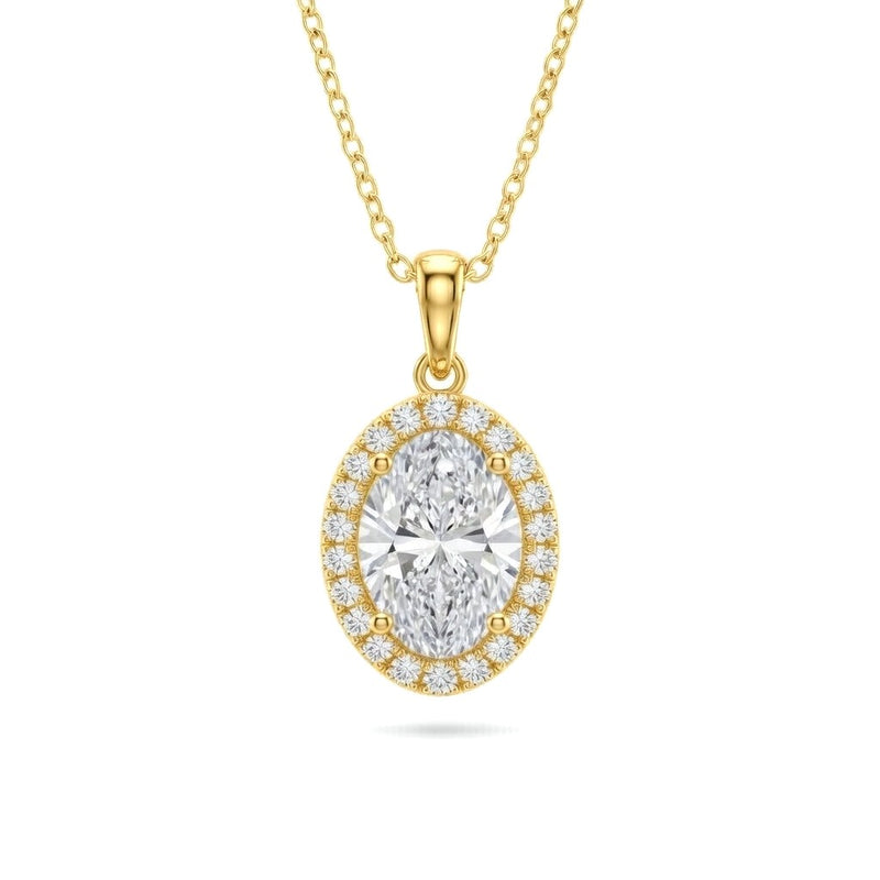Yellow Gold Oval Brilliant Celestara Diamond Halo Pendant Necklace With Pavé Surround And Four Prong Setting