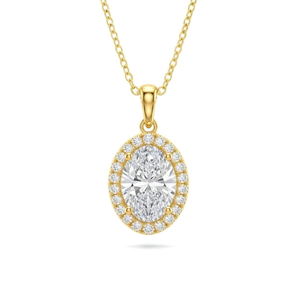 Yellow Gold Oval Brilliant Celestara Diamond Halo Pendant Necklace With Pavé Surround And Four Prong Setting