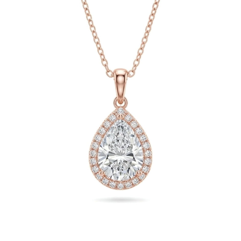 Rose Gold Pear Brilliant Celestara Diamond Halo Pendant Necklace With Pavé Surround And Four Prong Setting