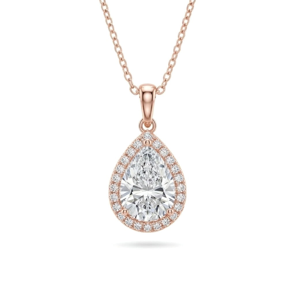 Rose Gold Pear Brilliant Celestara Diamond Halo Pendant Necklace With Pavé Surround And Four Prong Setting