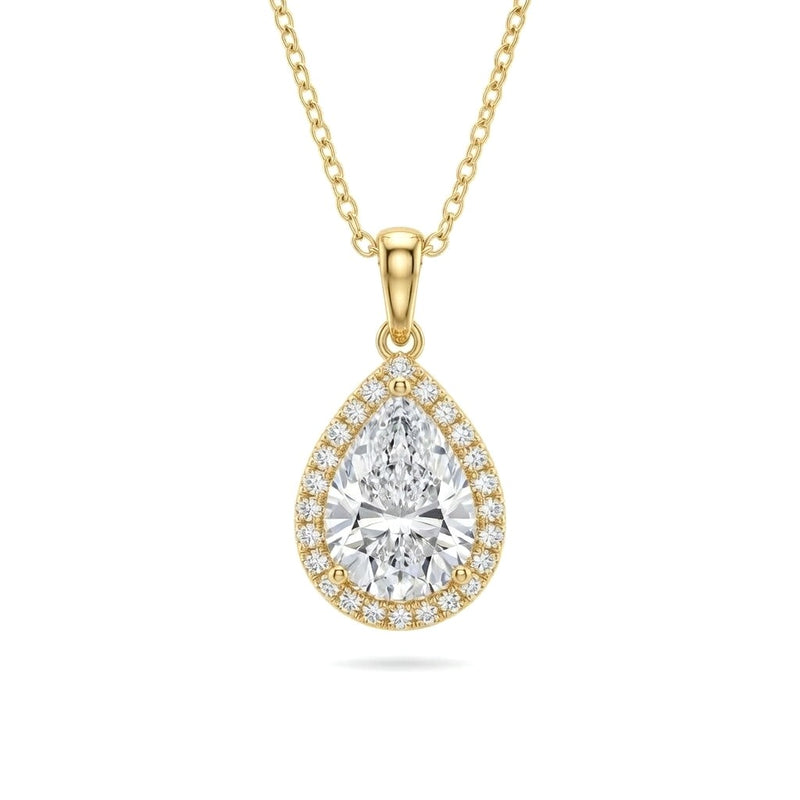 Yellow Gold Pear Brilliant Celestara Diamond Halo Pendant Necklace With Pavé Surround And Four Prong Setting