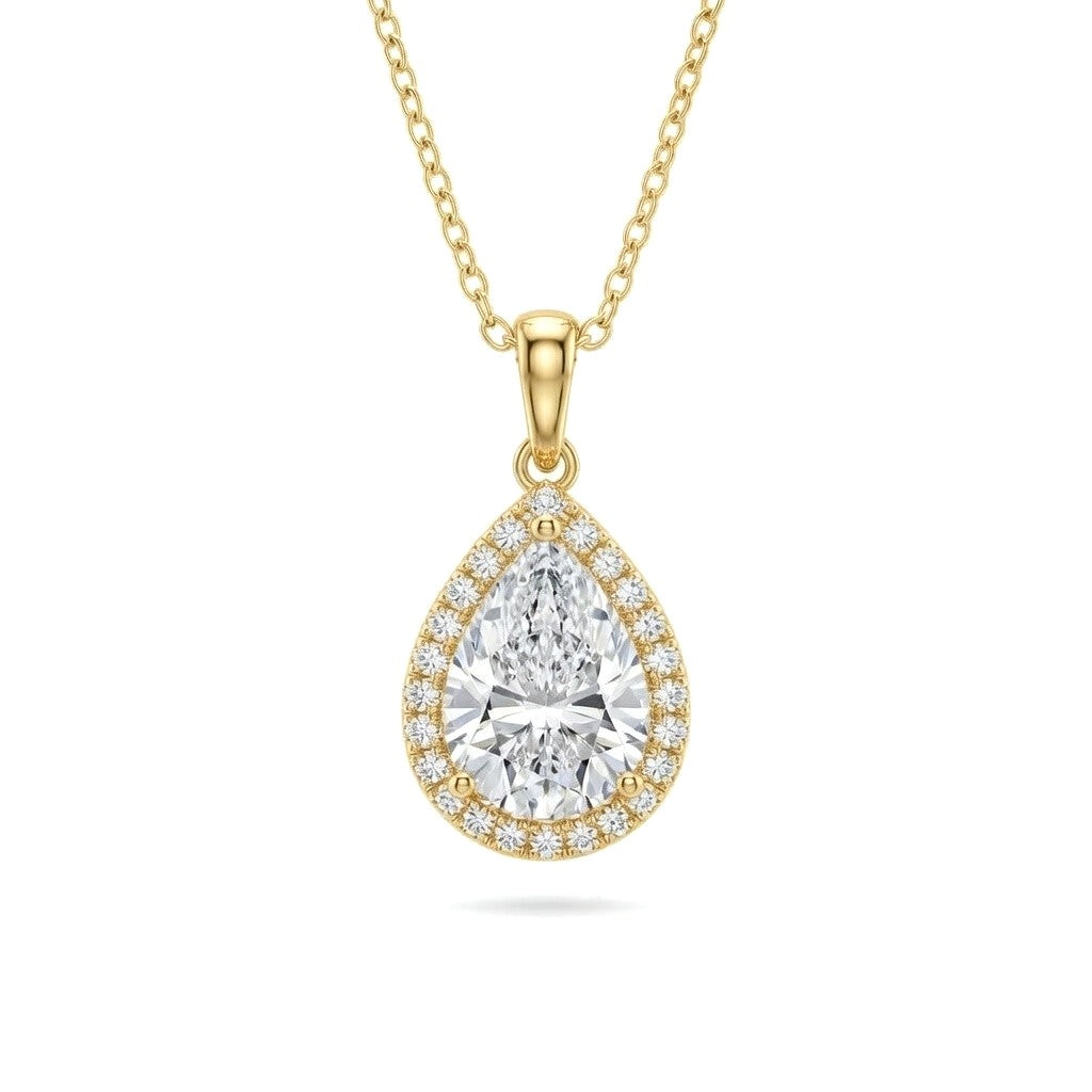 Yellow Gold Pear Brilliant Celestara Diamond Halo Pendant Necklace With Pavé Surround And Four Prong Setting