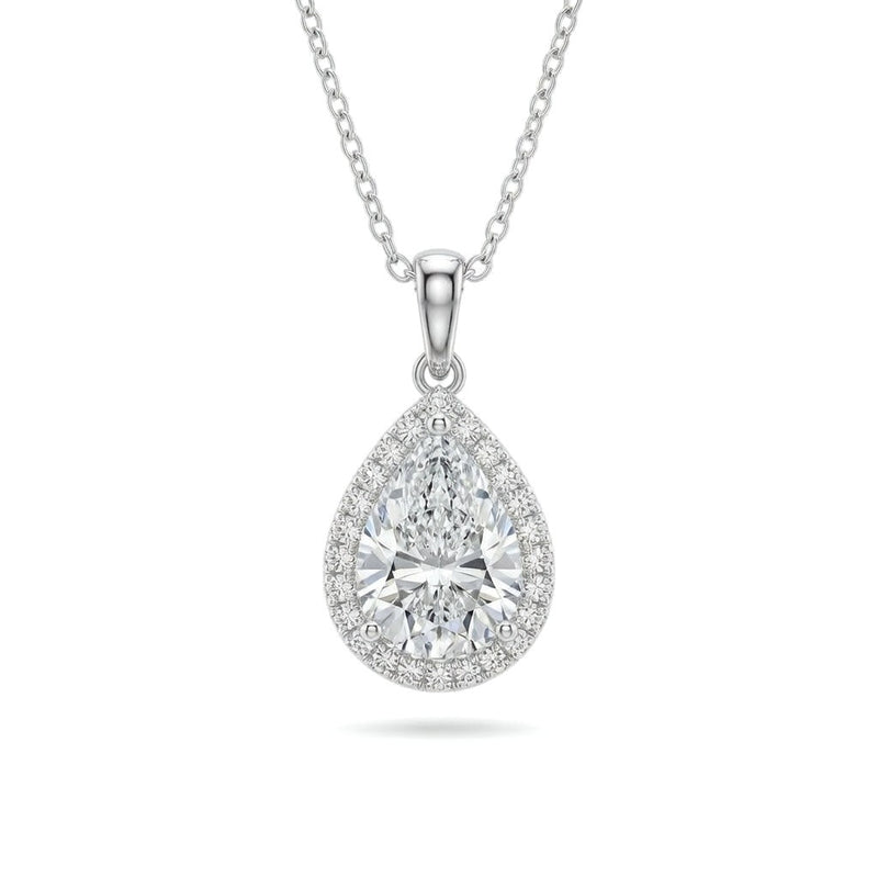 White Gold Pear Brilliant Celestara Diamond Halo Pendant Necklace With Pavé Surround And Four Prong Setting