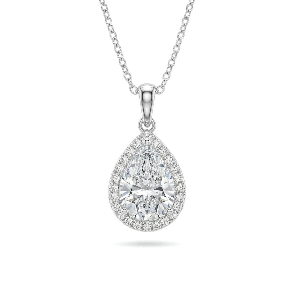 Silver Pear Brilliant Celestara Diamond Halo Pendant Necklace With Pavé Surround And Four Prong Setting
