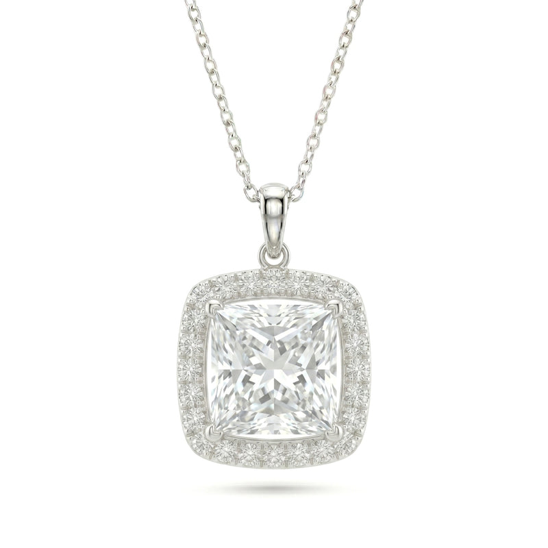 White Gold Princess Brilliant Celestara Diamond Halo Pendant Necklace With Pavé Surround And Four Prong Setting