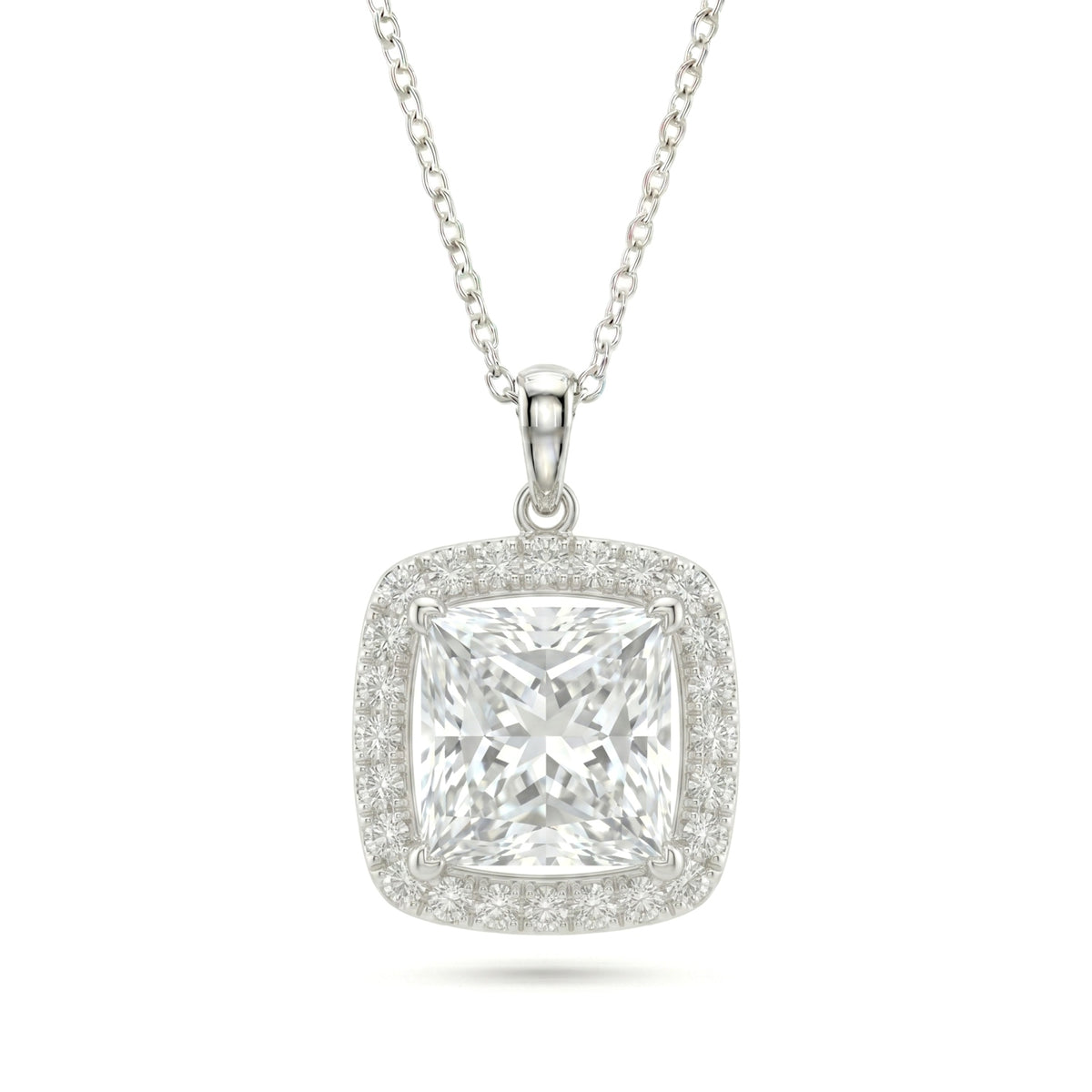 White Gold Princess Brilliant Celestara Diamond Halo Pendant Necklace With Pavé Surround And Four Prong Setting