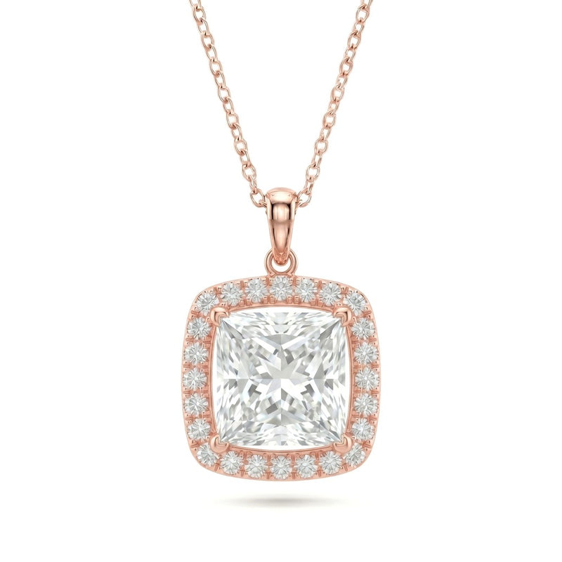 Rose Gold Princess Brilliant Celestara Diamond Halo Pendant Necklace With Pavé Surround And Four Prong Setting
