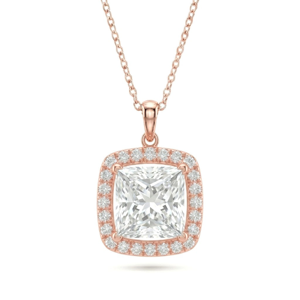 Rose Gold Princess Brilliant Celestara Diamond Halo Pendant Necklace With Pavé Surround And Four Prong Setting