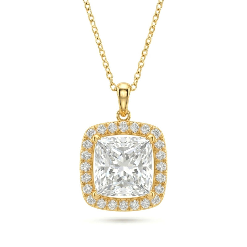 Yellow Gold Princess Brilliant Celestara Diamond Halo Pendant Necklace With Pavé Surround And Four Prong Setting