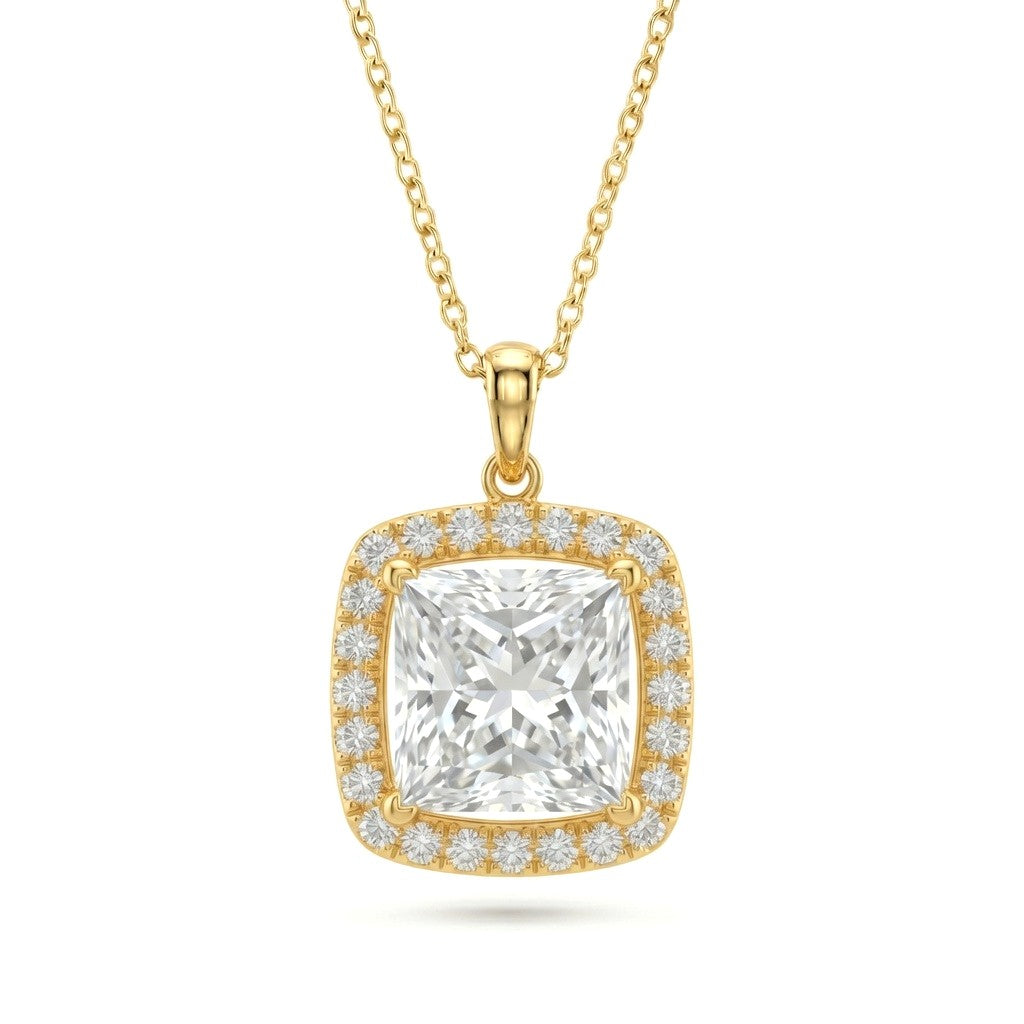 Yellow Gold Princess Brilliant Celestara Diamond Halo Pendant Necklace With Pavé Surround And Four Prong Setting