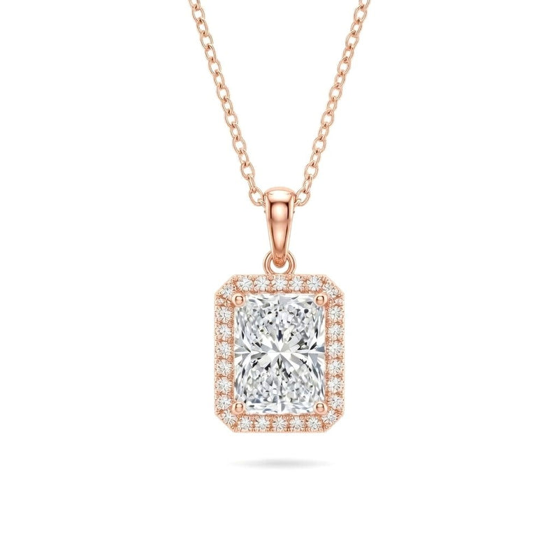 Rose Gold Radiant Brilliant Celestara Diamond Halo Pendant Necklace With Pavé Surround And Four Prong Setting