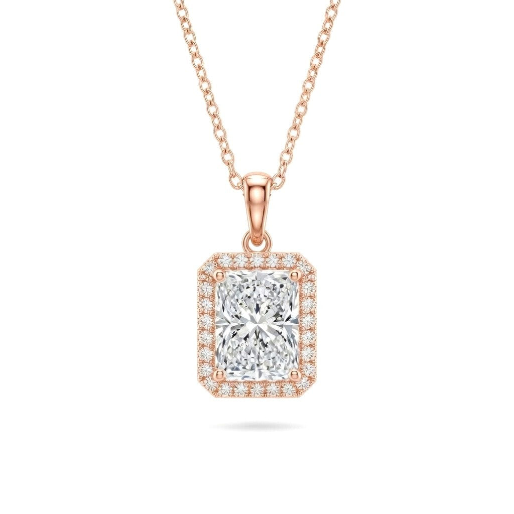 Rose Gold Radiant Brilliant Celestara Diamond Halo Pendant Necklace With Pavé Surround And Four Prong Setting