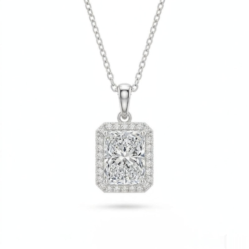 White Gold Radiant Brilliant Celestara Diamond Halo Pendant Necklace With Pavé Surround And Four Prong Setting
