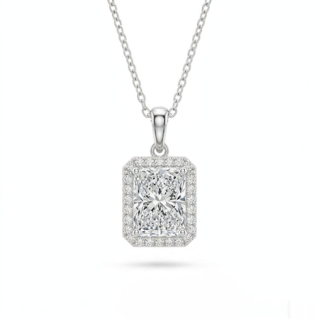 Silver Radiant Brilliant Celestara Diamond Halo Pendant Necklace With Pavé Surround And Four Prong Setting