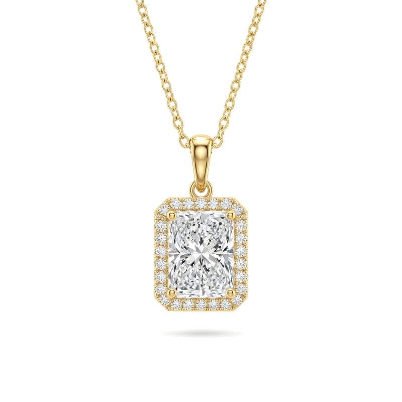 Yellow Gold Radiant Brilliant Celestara Diamond Halo Pendant Necklace With Pavé Surround And Four Prong Setting