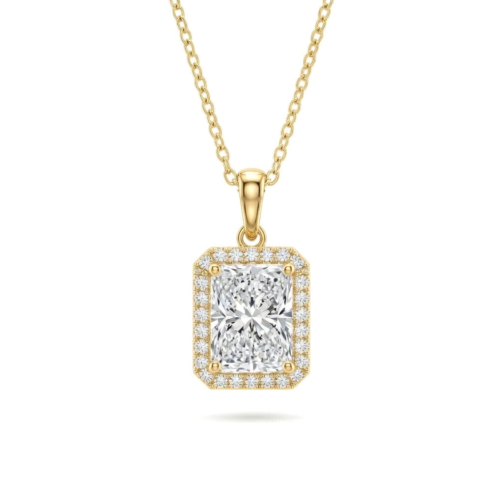 Yellow Gold Radiant Brilliant Celestara Diamond Halo Pendant Necklace With Pavé Surround And Four Prong Setting
