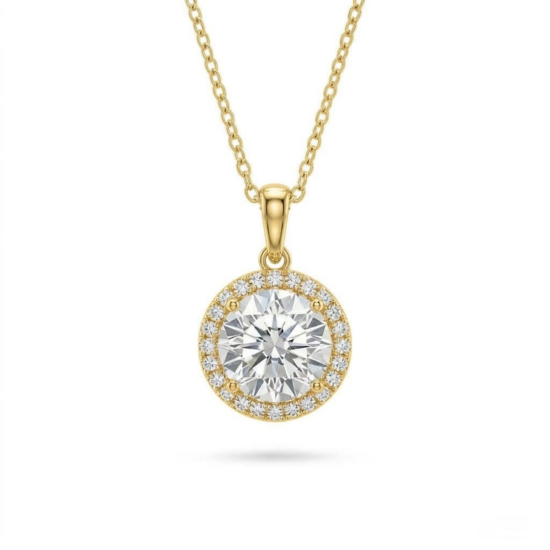 Yellow Gold Round Brilliant Celestara Diamond Halo Pendant Necklace With Pavé Surround And Four Prong Setting