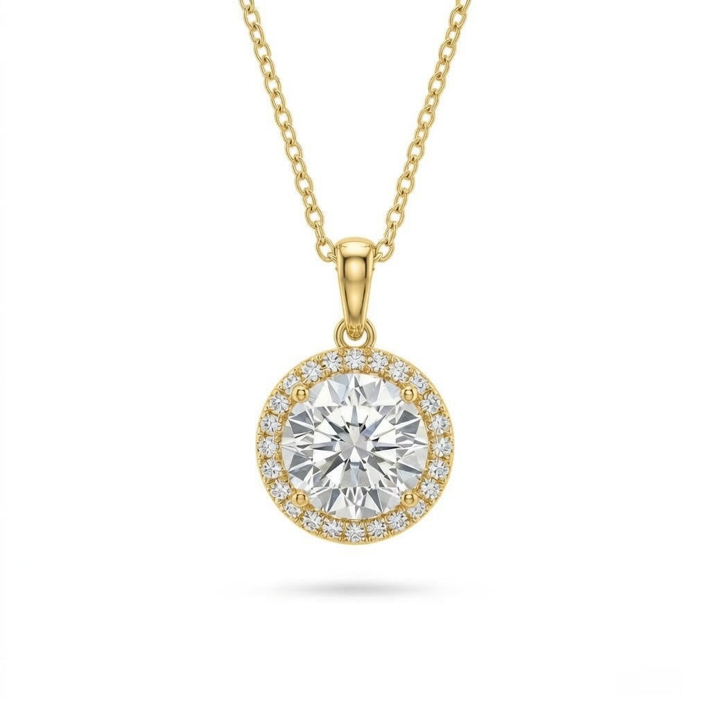 Yellow Gold Round Brilliant Celestara Diamond Halo Pendant Necklace With Pavé Surround And Four Prong Setting