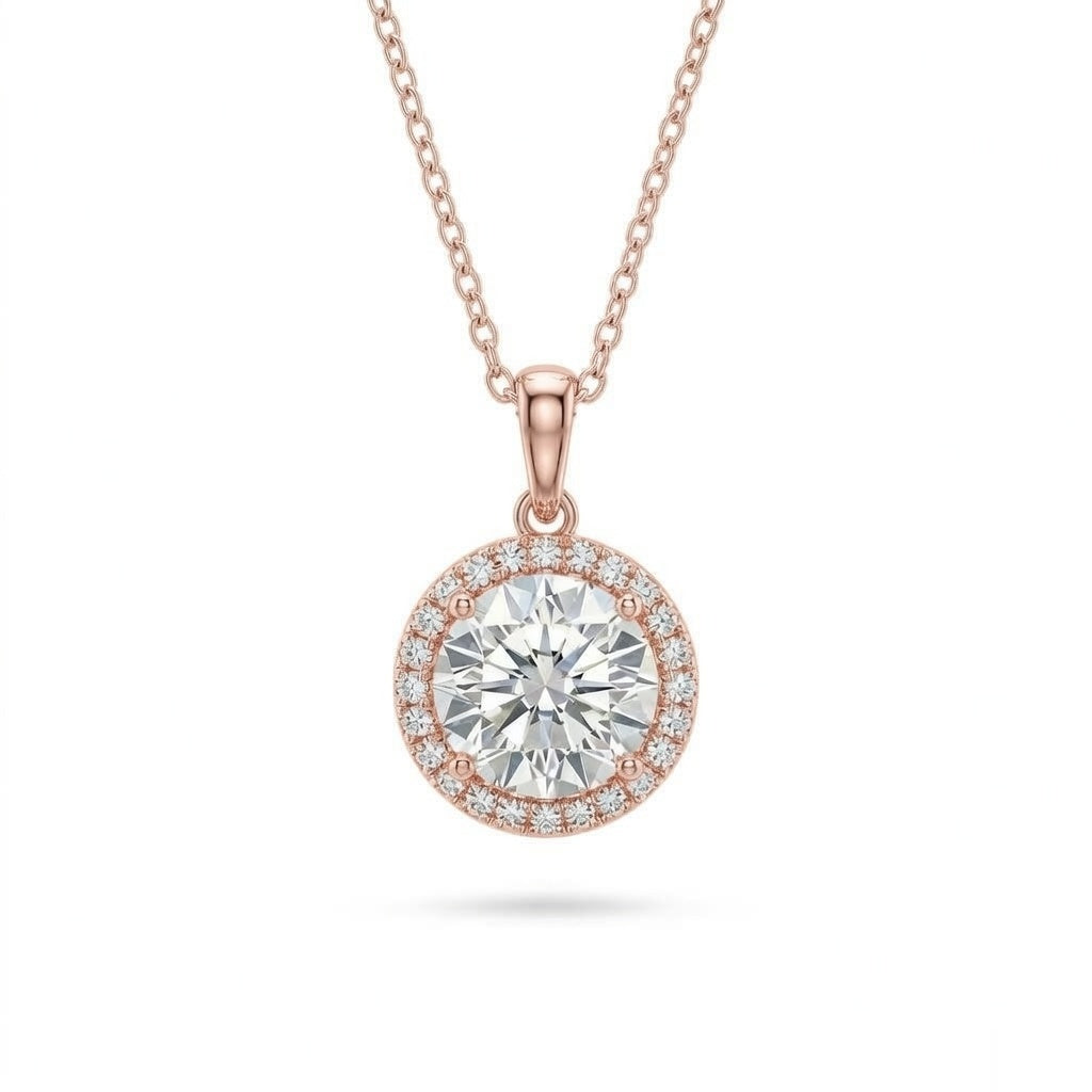Rose Gold Round Brilliant Celestara Diamond Halo Pendant Necklace With Pavé Surround And Four Prong Setting