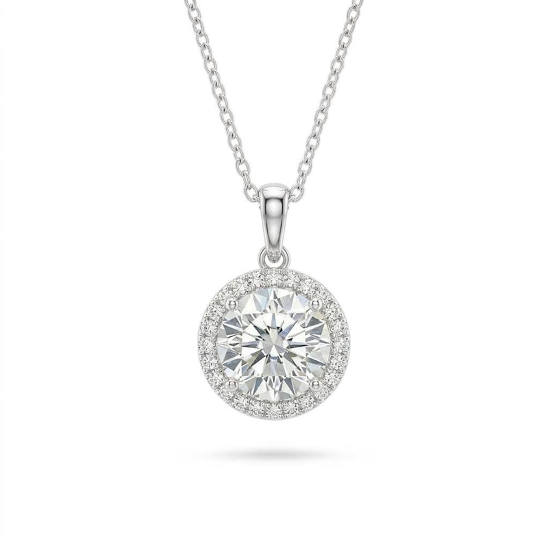White Gold Round Brilliant Celestara Diamond Halo Pendant Necklace With Pavé Surround And Four Prong Setting