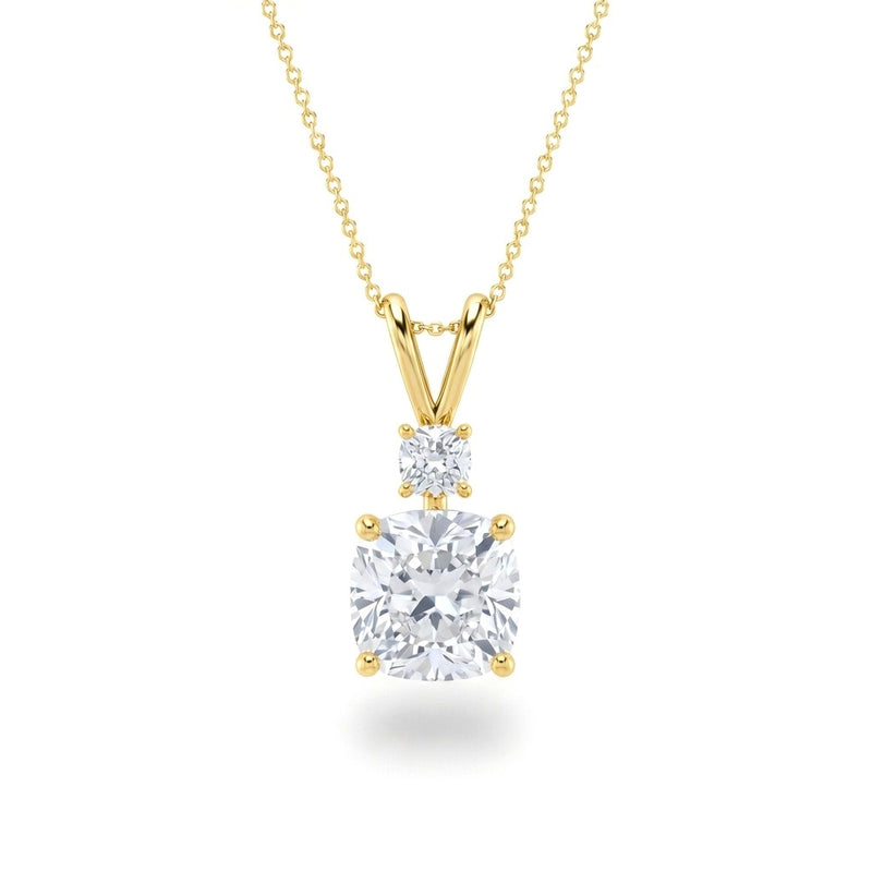 Yellow Gold Cushion Brilliant Duovaris Diamond Two Stone Drop Pendant Necklace With Split V Bail And Prong Setting