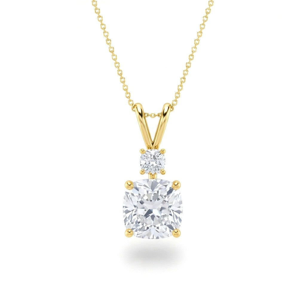 Yellow Gold Cushion Brilliant Duovaris Diamond Two Stone Drop Pendant Necklace With Split V Bail And Prong Setting