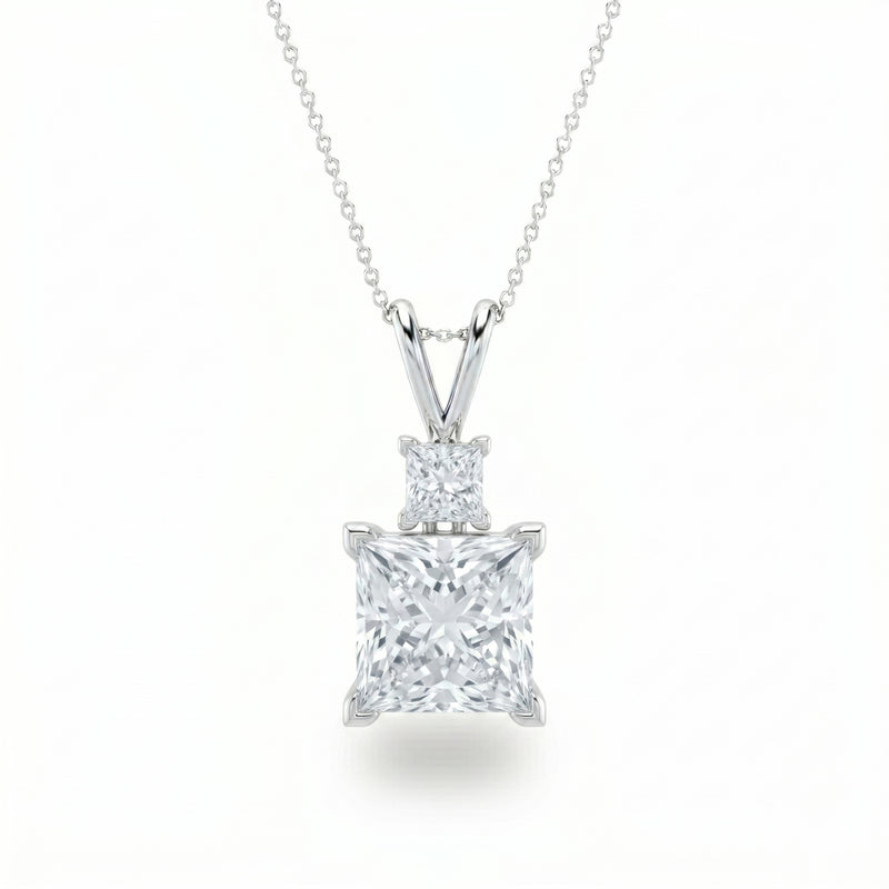 Silver Princess Brilliant Duovaris Diamond Two Stone Drop Pendant Necklace With Split V Bail And Prong Setting