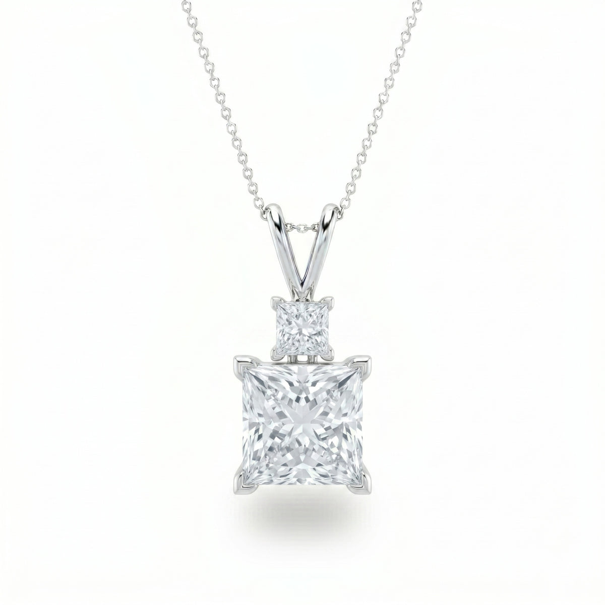 Silver Princess Brilliant Duovaris Diamond Two Stone Drop Pendant Necklace With Split V Bail And Prong Setting