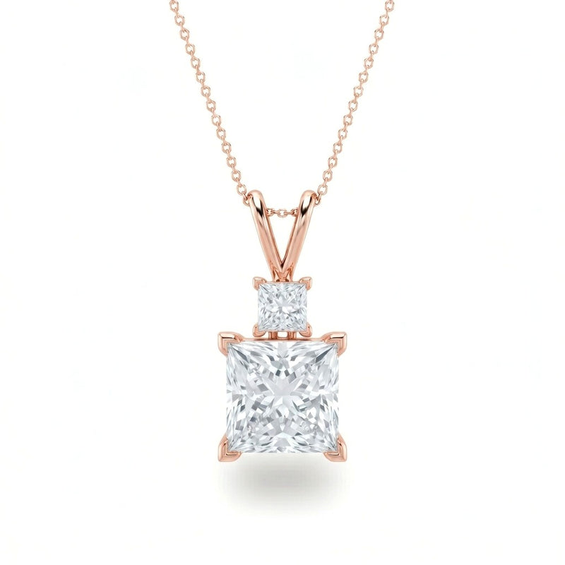 Rose Gold Princess Brilliant Duovaris Diamond Two Stone Drop Pendant Necklace With Split V Bail And Prong Setting