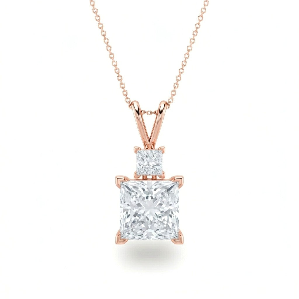 Rose Gold Princess Brilliant Duovaris Diamond Two Stone Drop Pendant Necklace With Split V Bail And Prong Setting