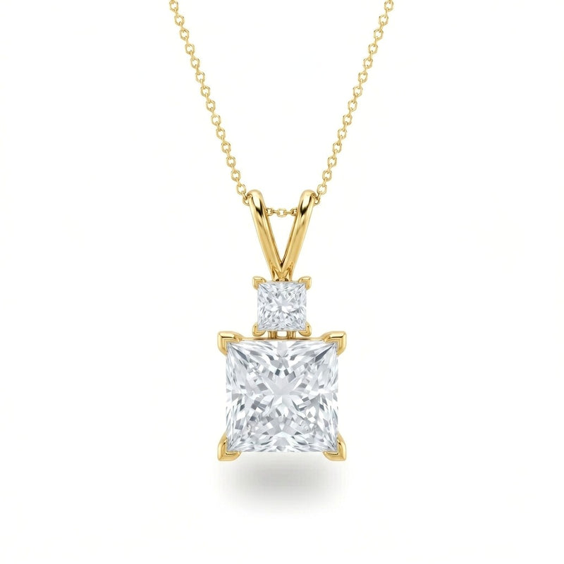 Yellow Gold Princess Brilliant Duovaris Diamond Two Stone Drop Pendant Necklace With Split V Bail And Prong Setting