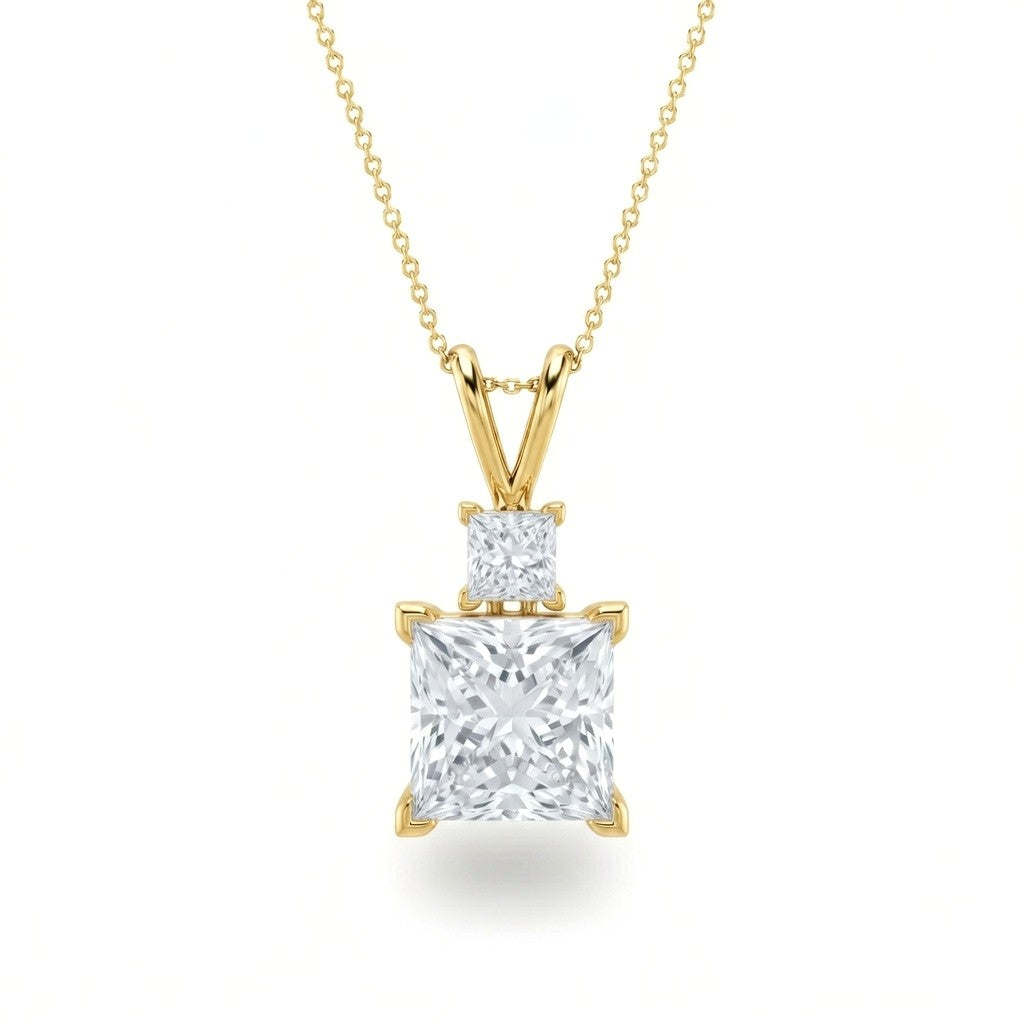 Yellow Gold Princess Brilliant Duovaris Diamond Two Stone Drop Pendant Necklace With Split V Bail And Prong Setting