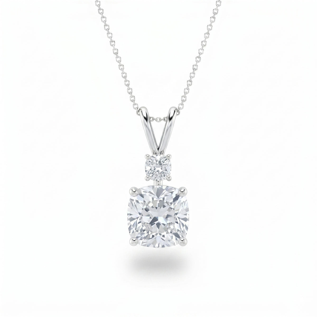 White Gold Cushion Brilliant Duovaris Diamond Two Stone Drop Pendant Necklace With Split V Bail And Prong Setting