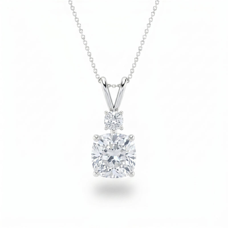 Silver Cushion Brilliant Duovaris Diamond Two Stone Drop Pendant Necklace With Split V Bail And Prong Setting