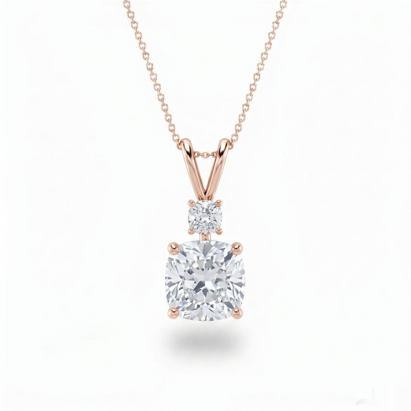Rose Gold Cushion Brilliant Duovaris Diamond Two Stone Drop Pendant Necklace With Split V Bail And Prong Setting