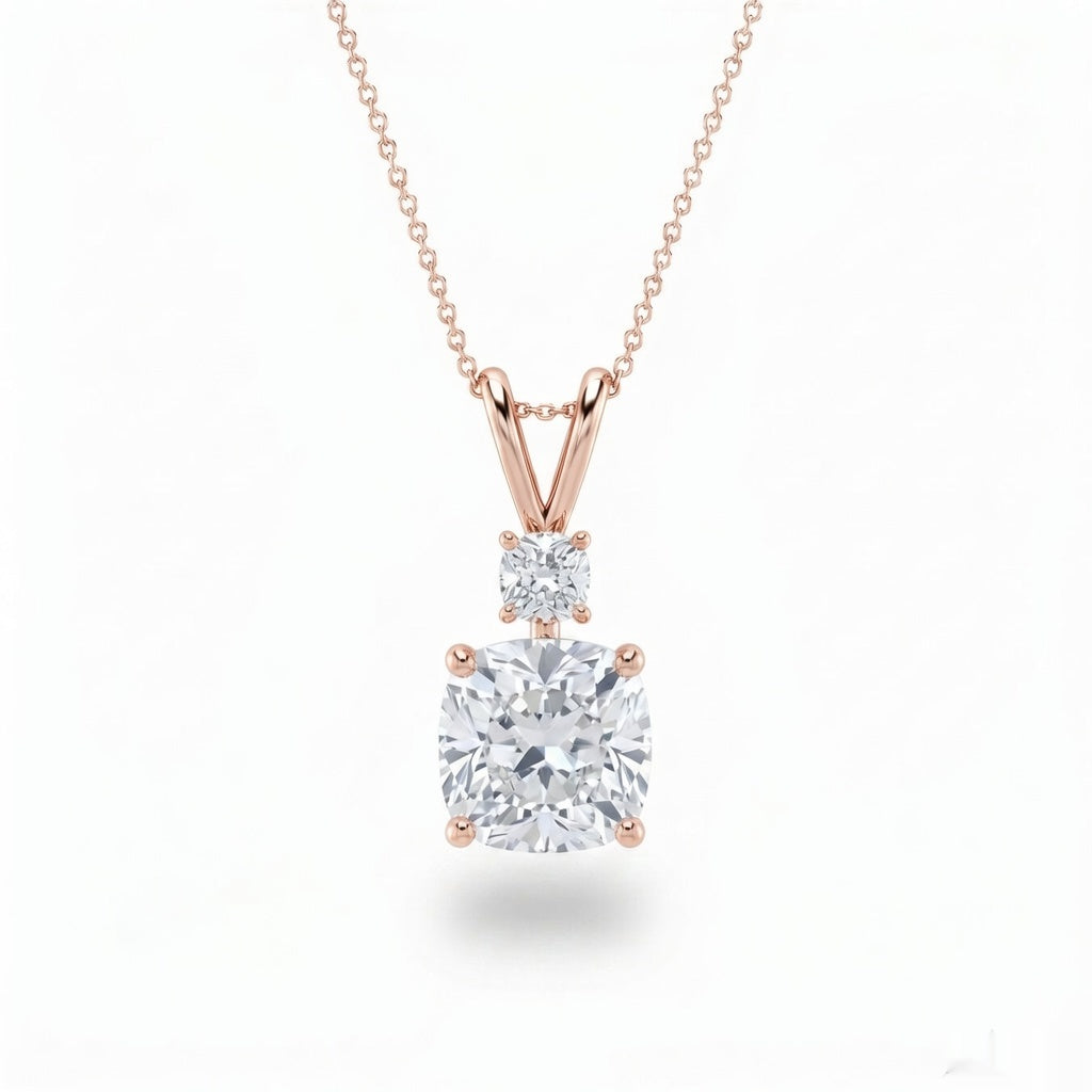 Rose Gold Cushion Brilliant Duovaris Diamond Two Stone Drop Pendant Necklace With Split V Bail And Prong Setting