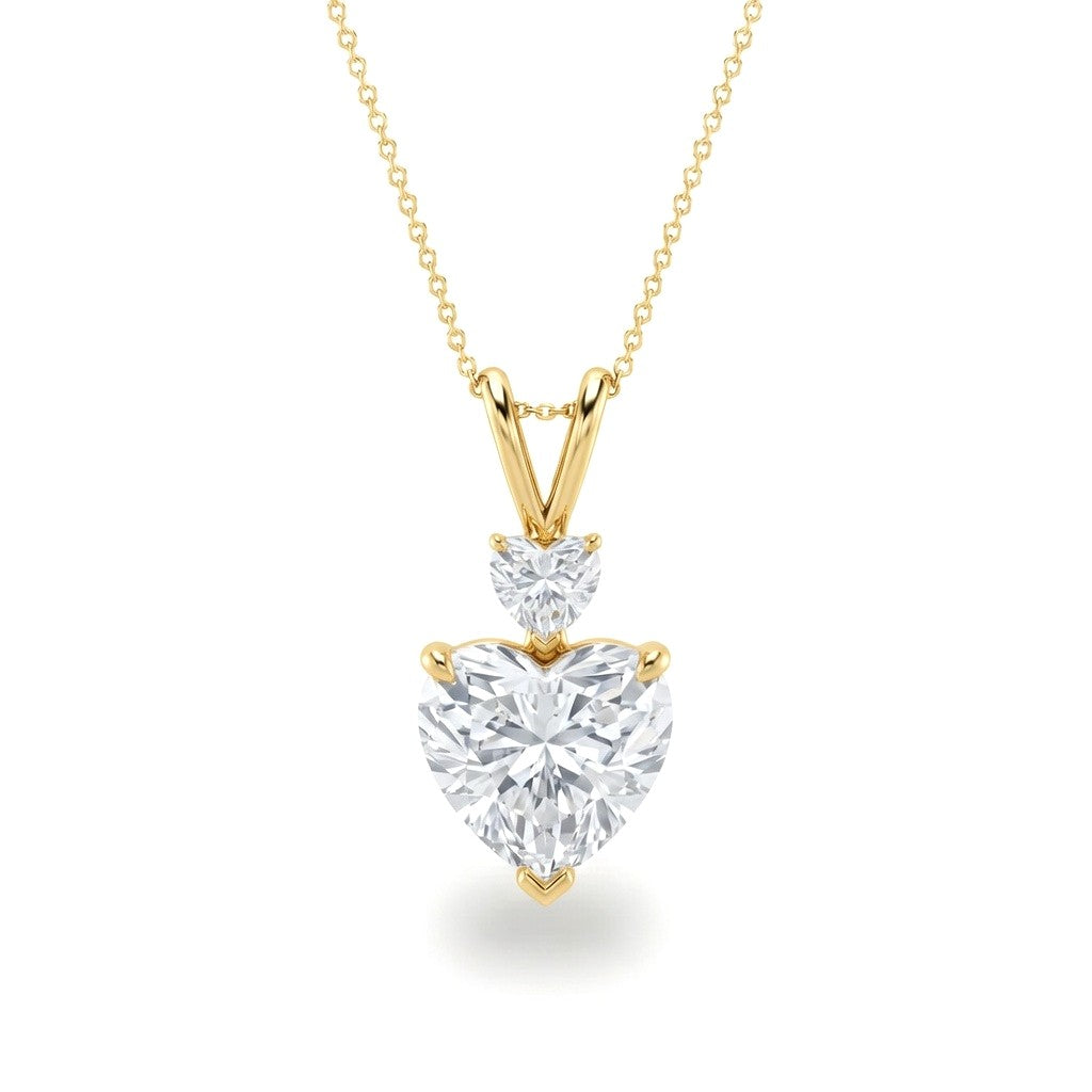 Yellow Gold Heart Brilliant Duovaris Diamond Two Stone Drop Pendant Necklace With Split V Bail And Prong Setting