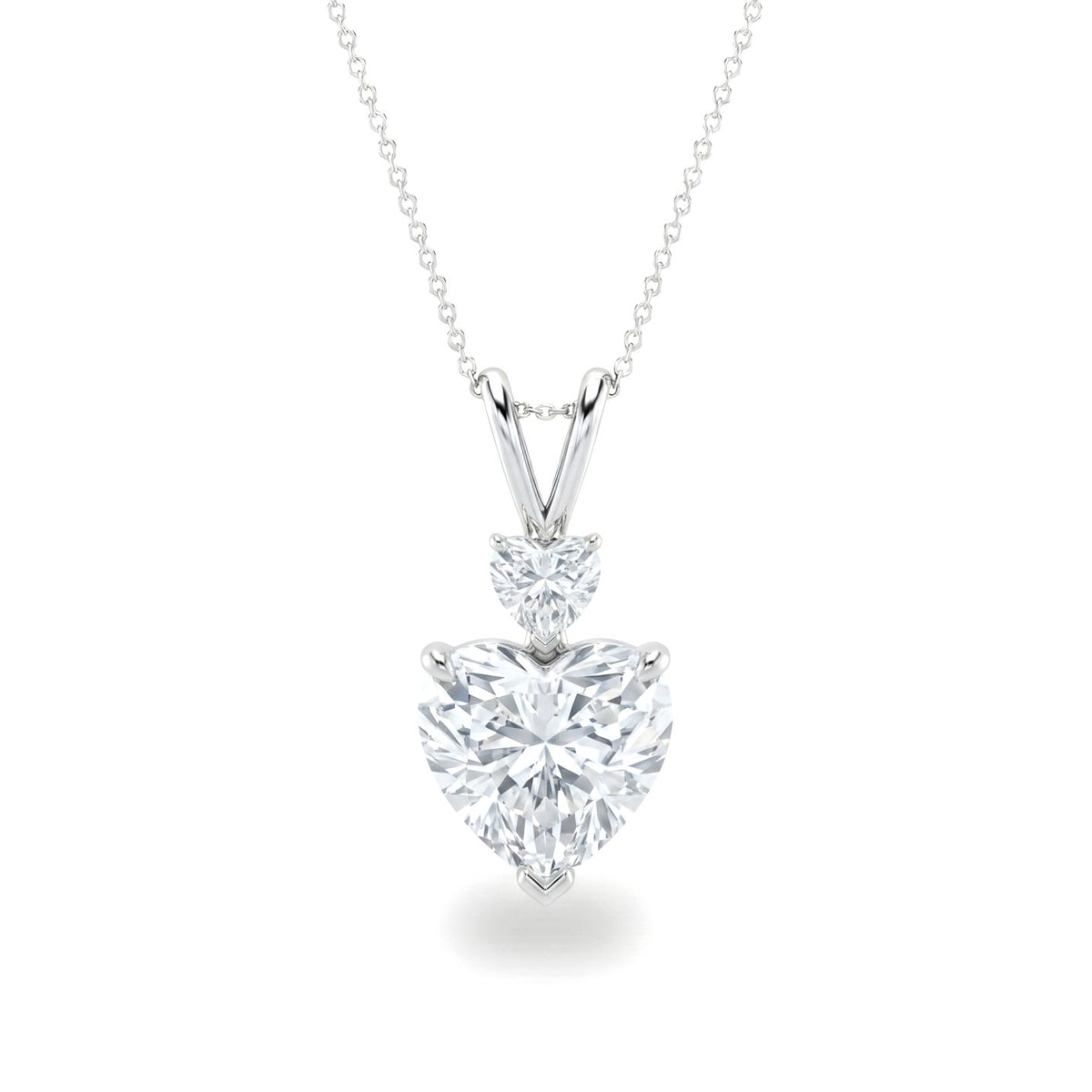 White Gold Heart Brilliant Duovaris Diamond Two Stone Drop Pendant Necklace With Split V Bail And Prong Setting