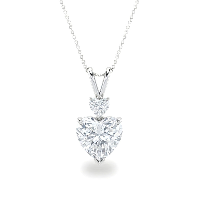 Silver Heart Brilliant Duovaris Diamond Two Stone Drop Pendant Necklace With Split V Bail And Prong Setting