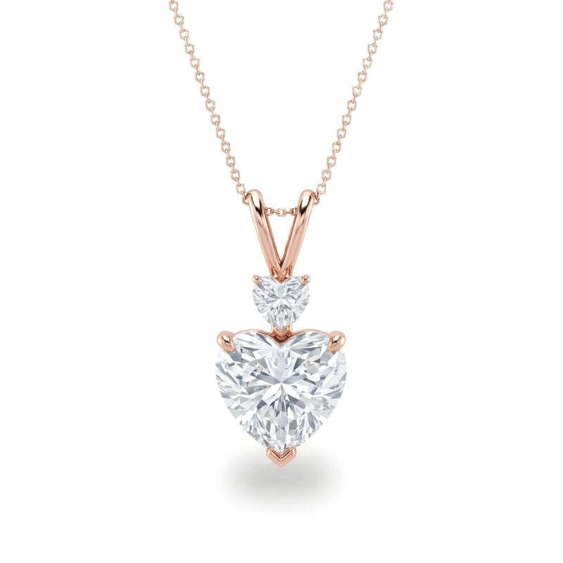 Rose Gold Heart Brilliant Duovaris Diamond Two Stone Drop Pendant Necklace With Split V Bail And Prong Setting