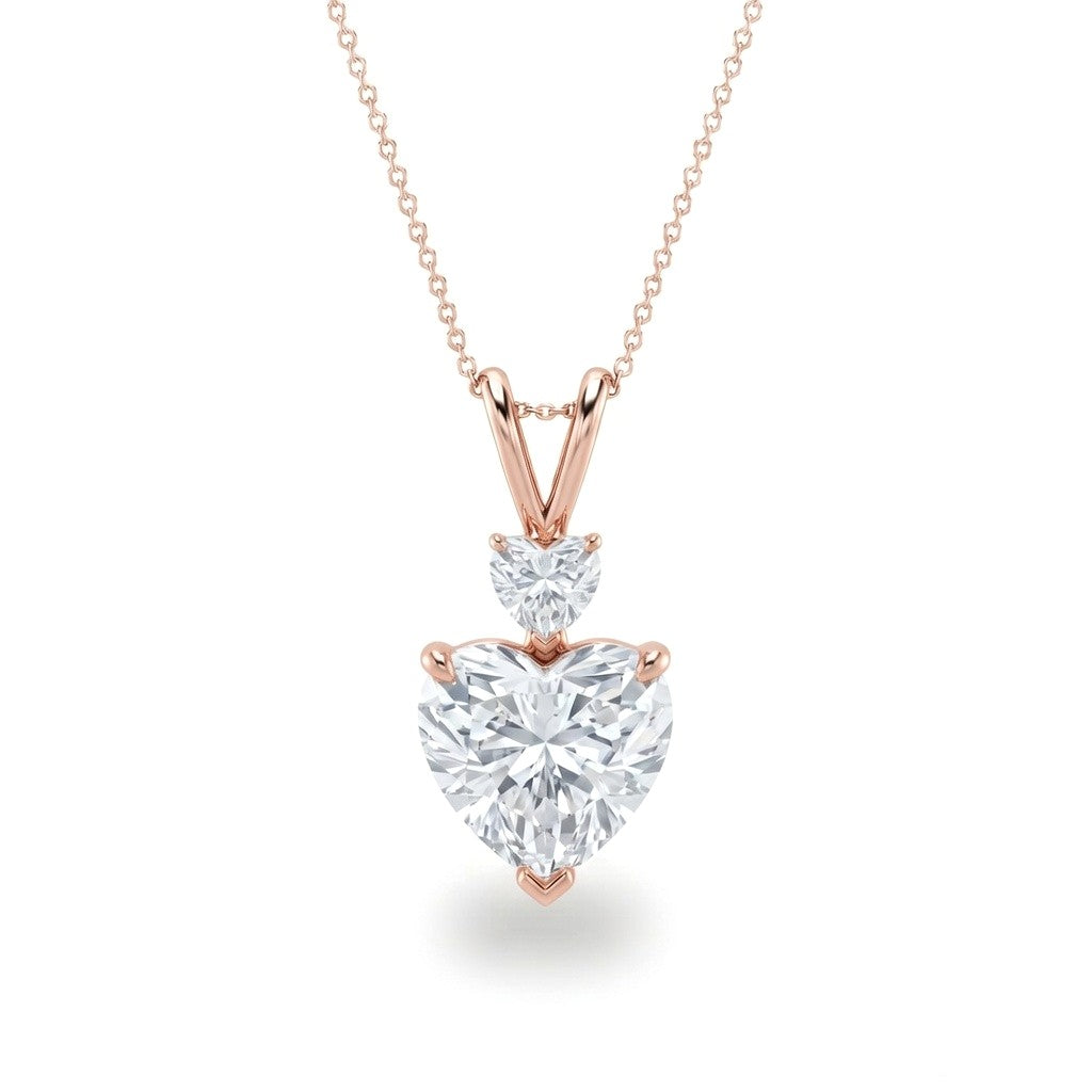 Rose Gold Heart Brilliant Duovaris Diamond Two Stone Drop Pendant Necklace With Split V Bail And Prong Setting