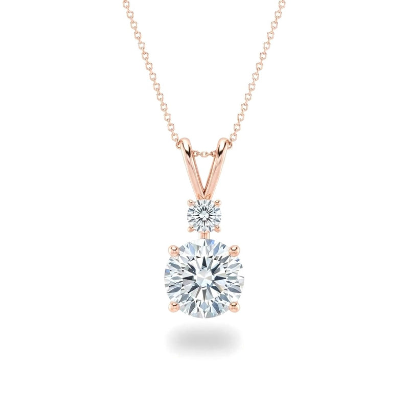 Rose Gold Round Brilliant Duovaris Diamond Two Stone Drop Pendant Necklace With Split V Bail And Prong Setting