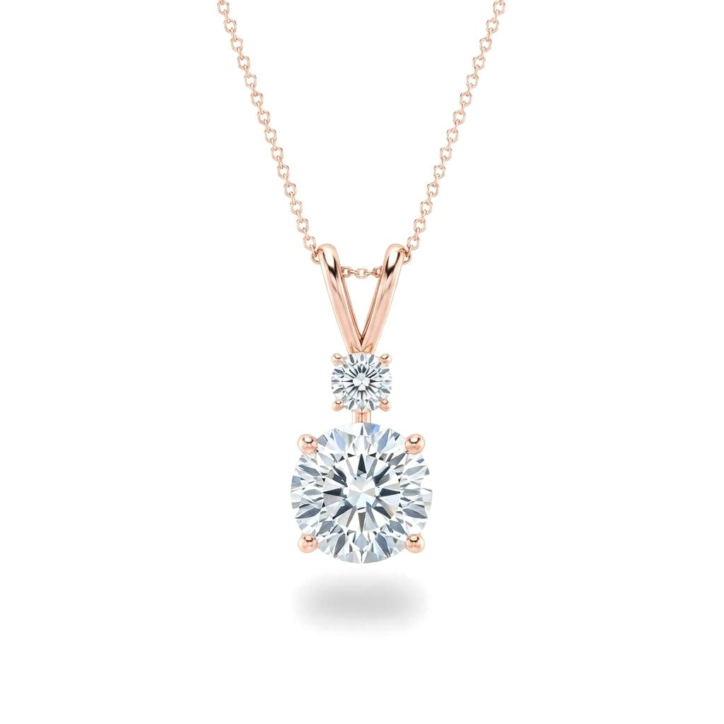 Rose Gold Round Brilliant Duovaris Diamond Two Stone Drop Pendant Necklace With Split V Bail And Prong Setting