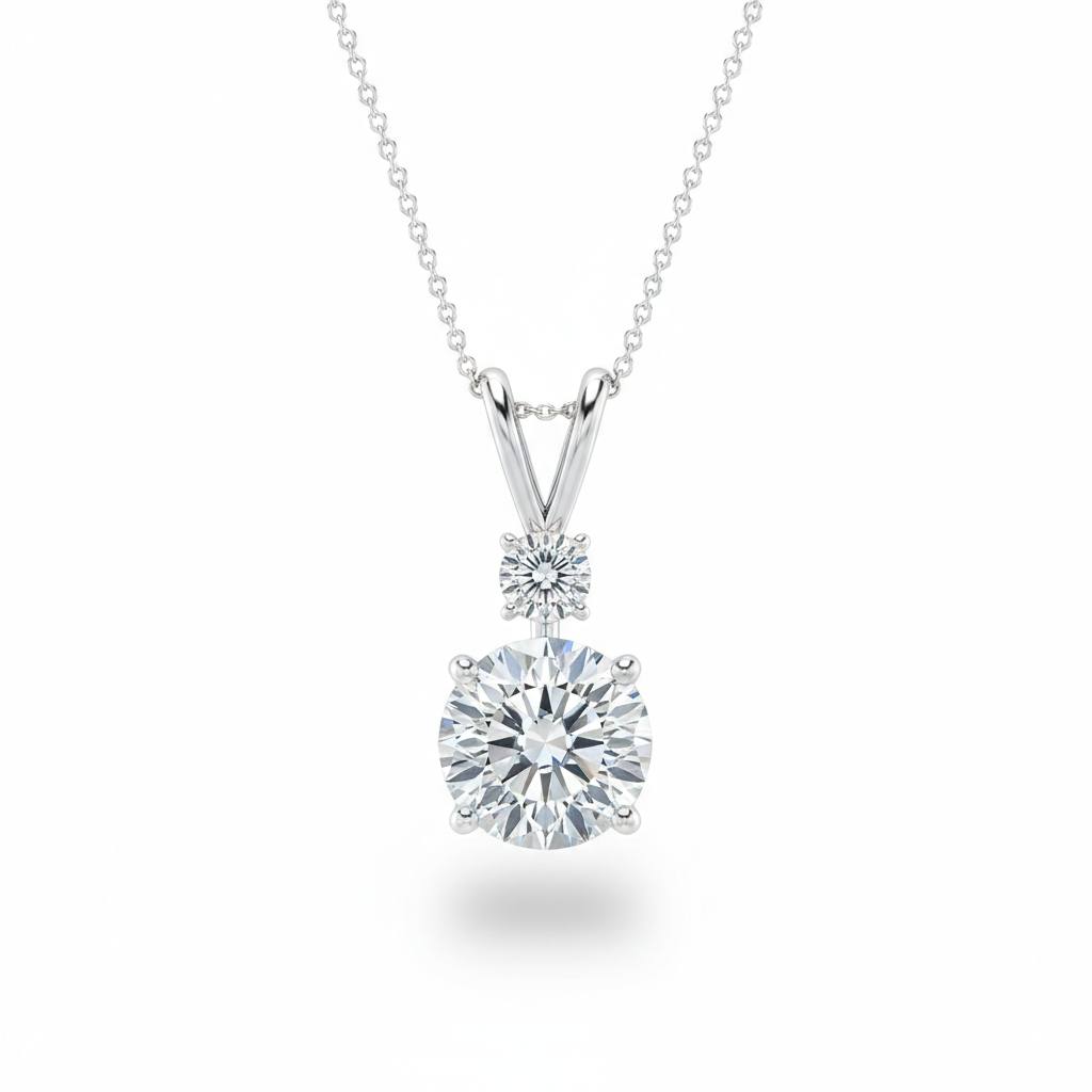 White Gold Round Brilliant Duovaris Diamond Two Stone Drop Pendant Necklace With Split V Bail And Prong Setting