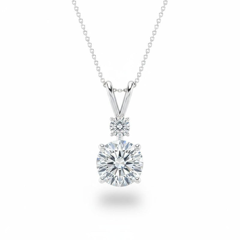 Silver Round Brilliant Duovaris Diamond Two Stone Drop Pendant Necklace With Split V Bail And Prong Setting