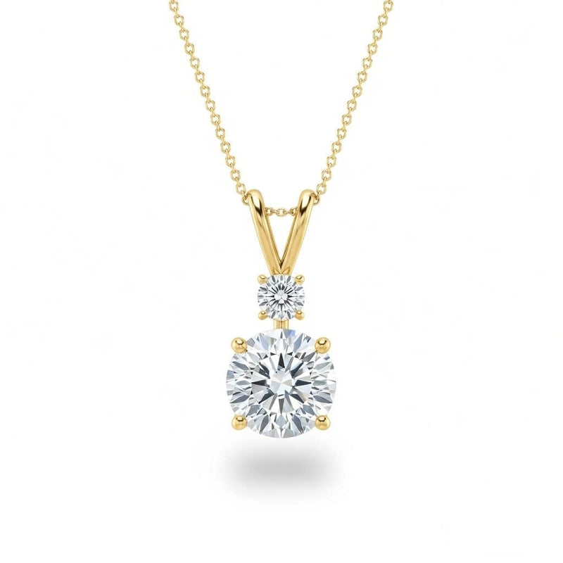 Yellow Gold Round Brilliant Duovaris Diamond Two Stone Drop Pendant Necklace With Split V Bail And Prong Setting