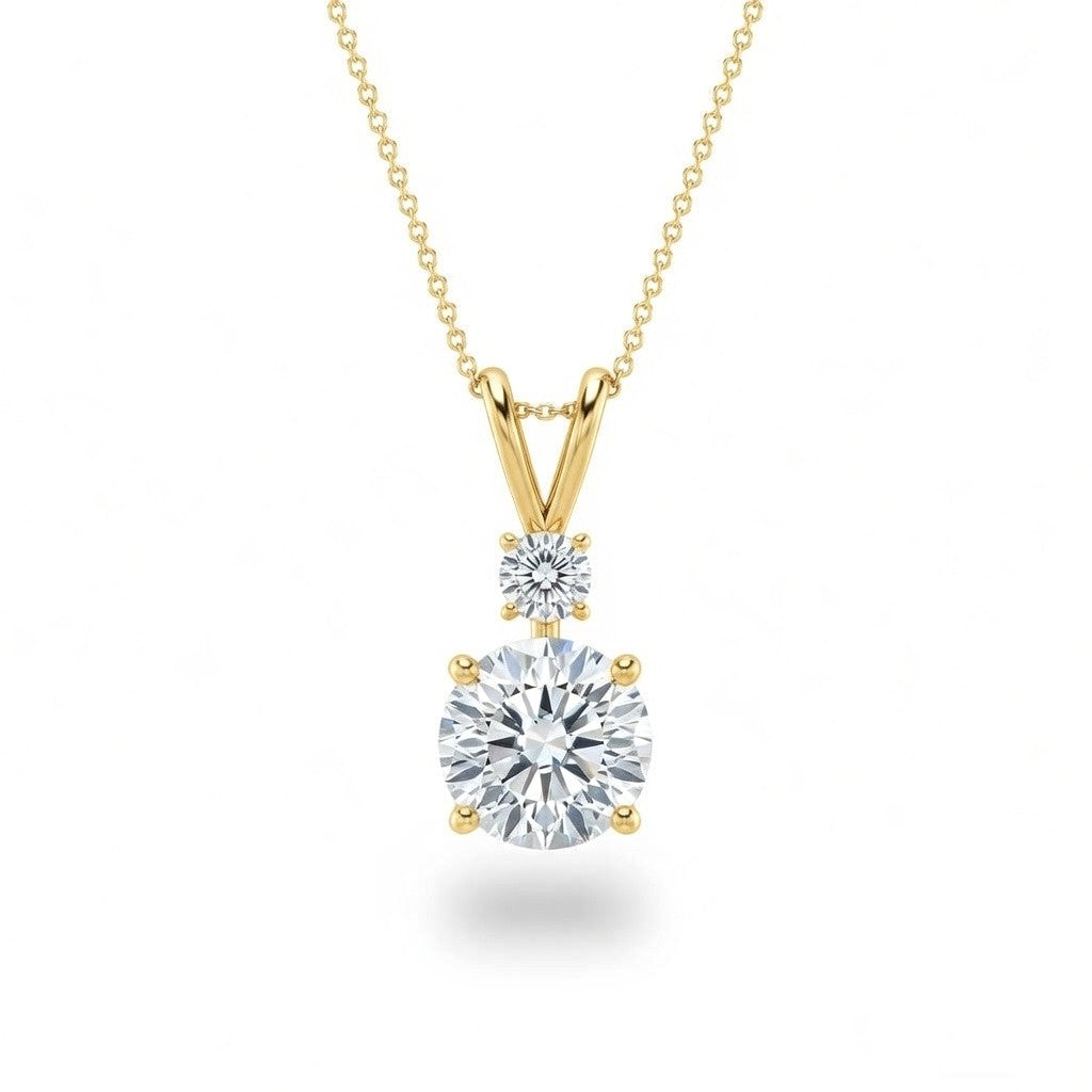 Yellow Gold Round Brilliant Duovaris Diamond Two Stone Drop Pendant Necklace With Split V Bail And Prong Setting