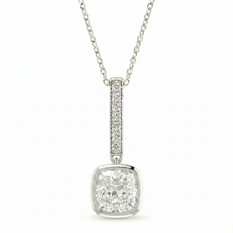 White Gold Cushion Brilliant Elvarion Diamond Bar Drop Pendant Necklace With Pavé Set Vertical Bar And Bezel Prong Solitaire