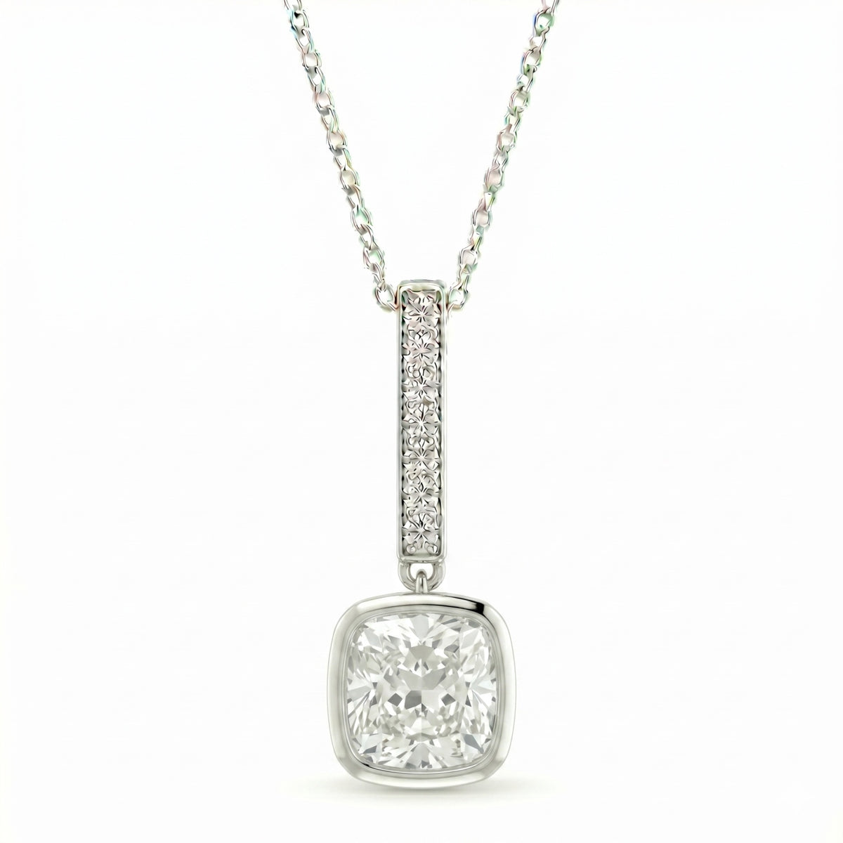 Silver Cushion Brilliant Elvarion Diamond Bar Drop Pendant Necklace With Pavé Set Vertical Bar And Bezel Prong Solitaire