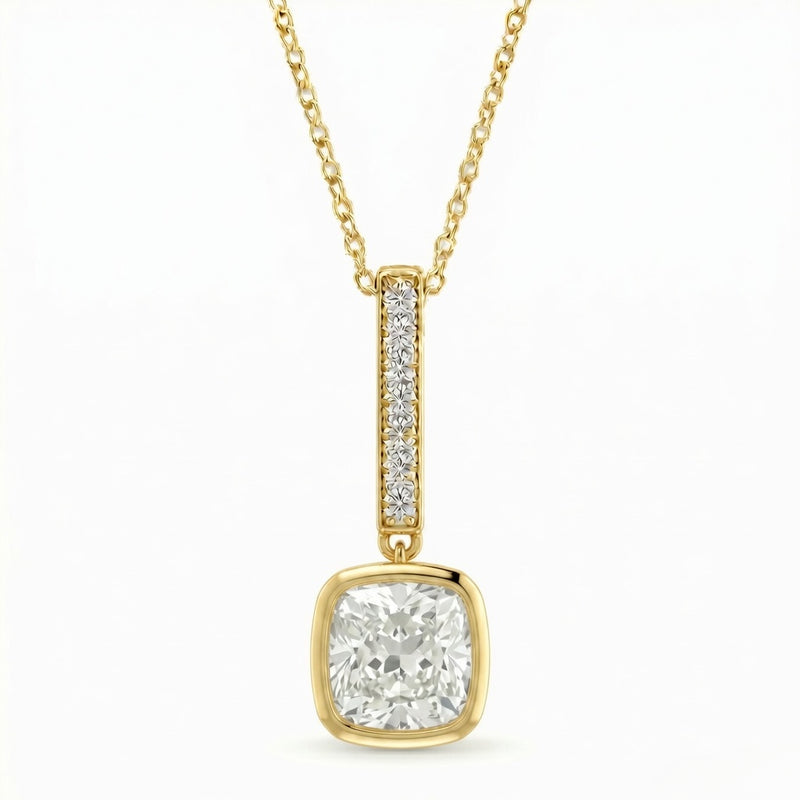 Yellow Gold Cushion Brilliant Elvarion Diamond Bar Drop Pendant Necklace With Pavé Set Vertical Bar And Bezel Prong Solitaire